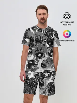 Мужской костюм с шортами / Ахегао паттерн черный