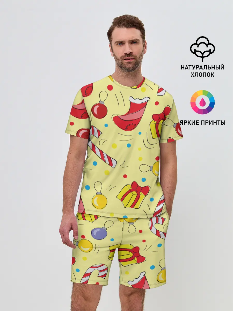 Мужской костюм с шортами / Новогодний узор на желтом фоне