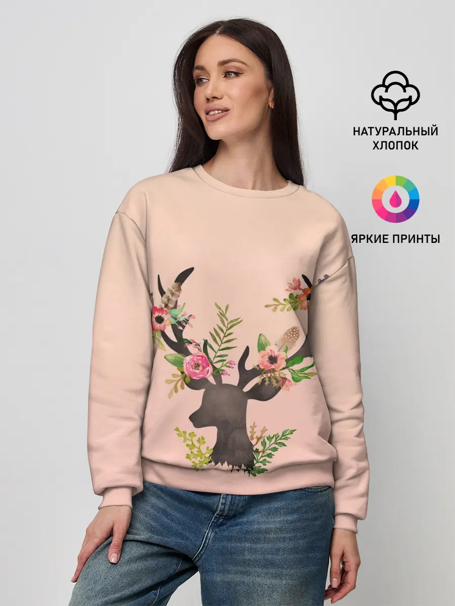Женский свитшот / олень рога цветы