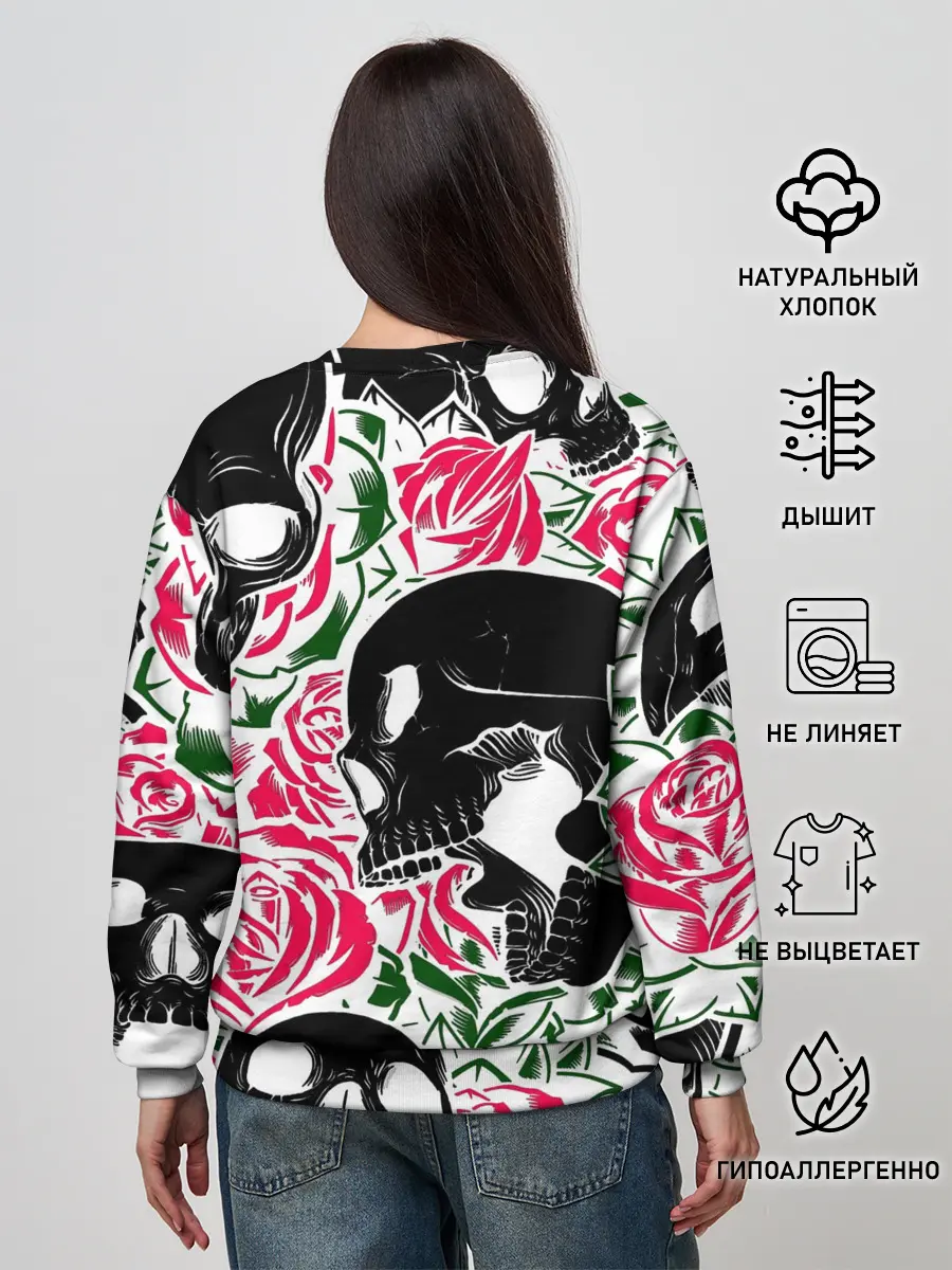 Женский свитшот / Череп, розы, цветы, зубы