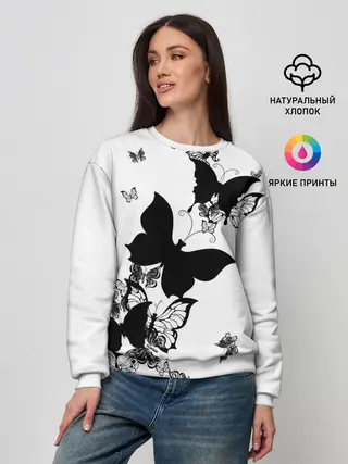 Женский свитшот / Черные бабочки на белом