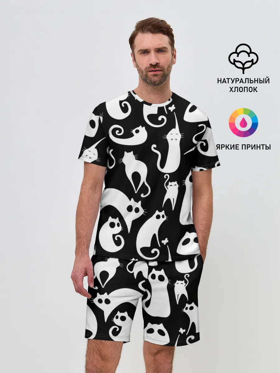 Мужской костюм с шортами / Белые коты на черном фоне