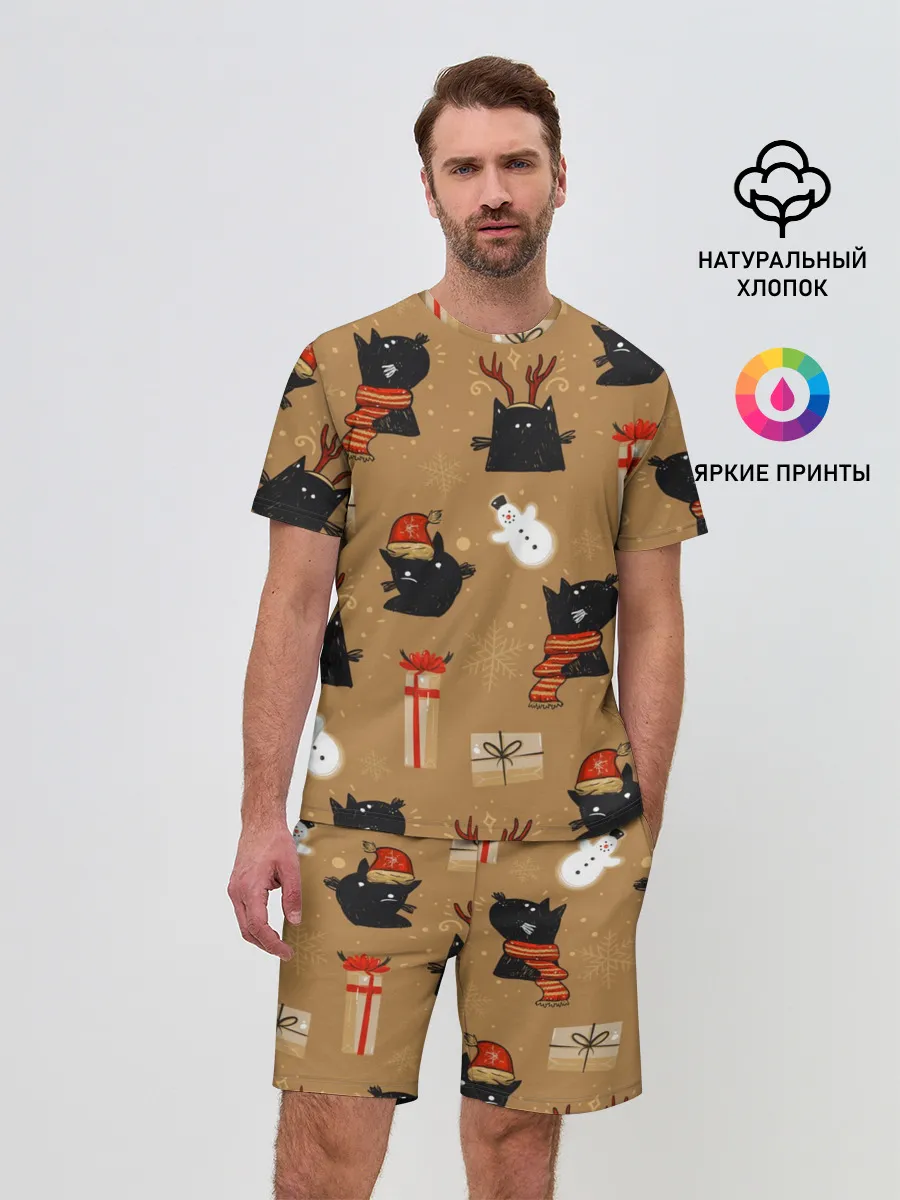 Мужской костюм с шортами / Черные новогодние коты