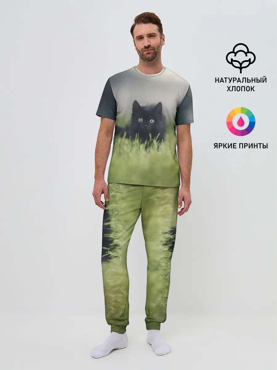 Мужская пижама с брюками / черный кот на лугу