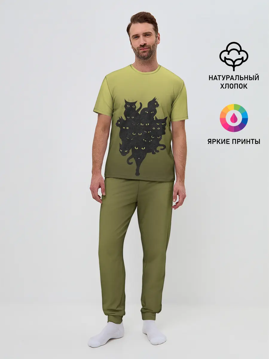 Мужская пижама с брюками / много черных котов