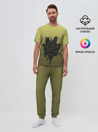 Мужская пижама с брюками / много черных котов