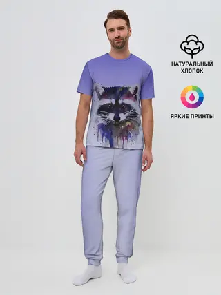Мужская пижама с брюками / енот акварелью потеки