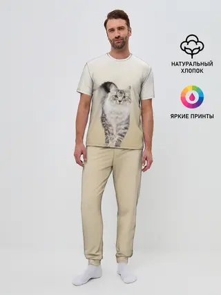 Мужская пижама с брюками / Пушистый котик реалистичный