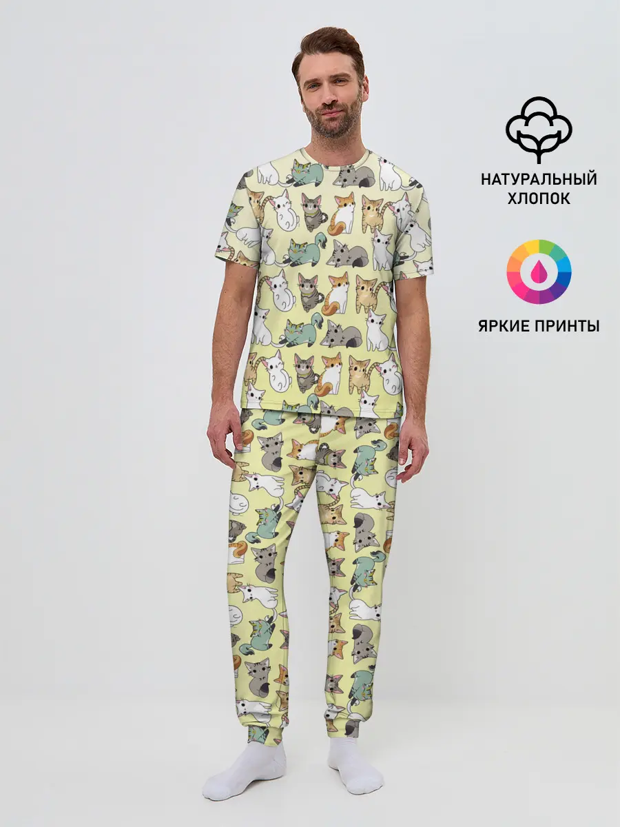 Мужская пижама с брюками / мультяшные котики на желтом мя