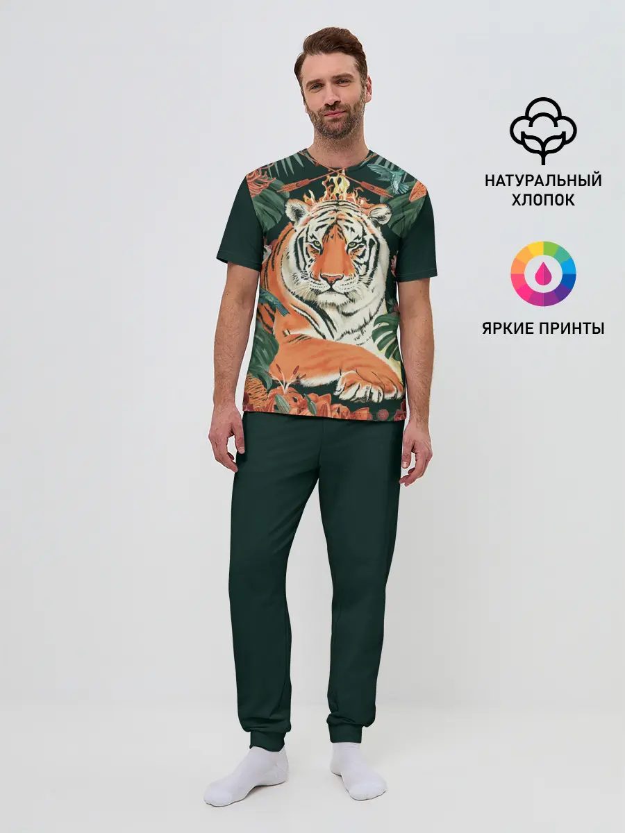 Мужская пижама с брюками / Огненный Тигр в Цветах