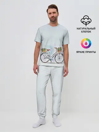 Мужская пижама с брюками / акварельный велосипед
