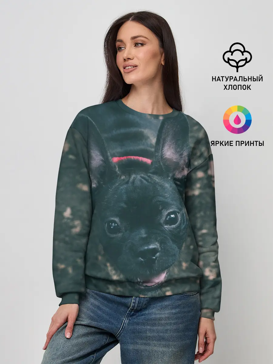 Женский свитшот / Бульдог морда собакена черного