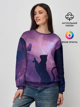 Женский свитшот / Бабочка кот силуэт фиолетовый