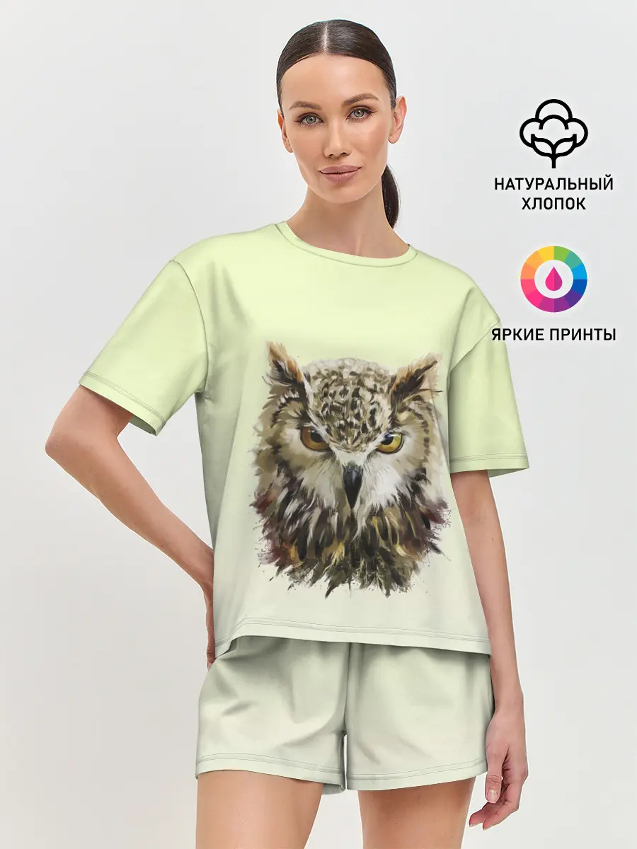 Женская пижама с шортами / арт сова яркая