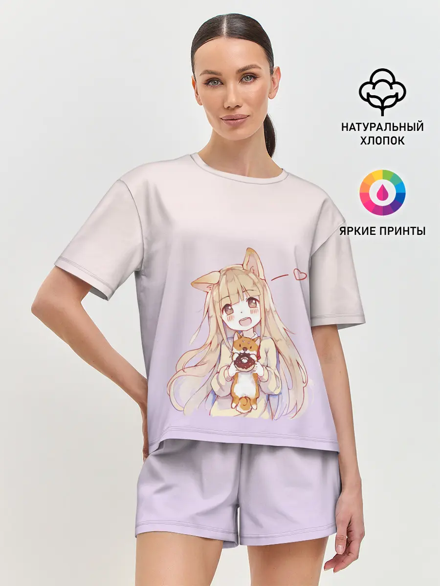 Женская пижама с шортами / малышка чиби пончик лис