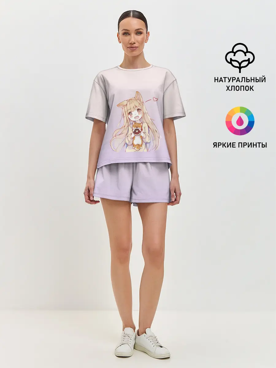 Женская пижама с шортами / малышка чиби пончик лис