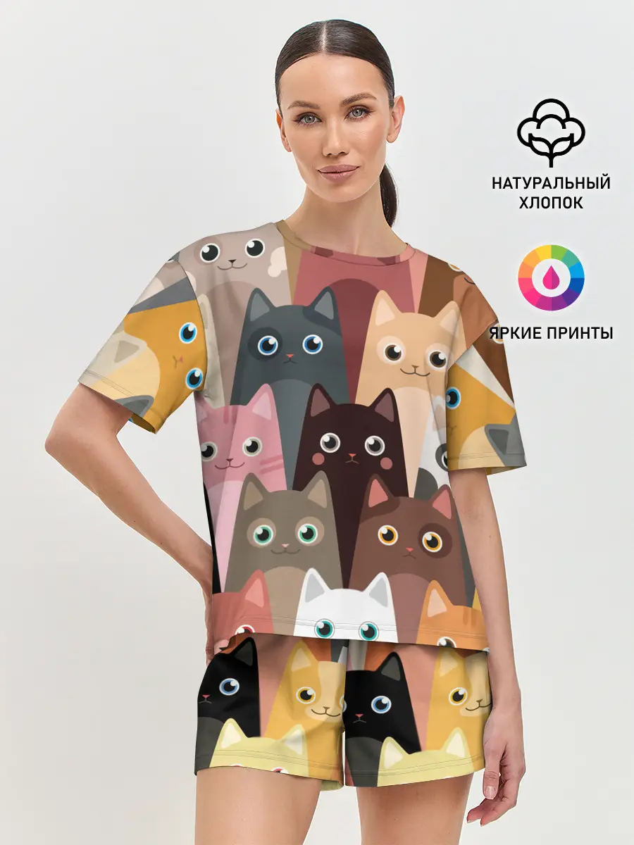 Женская пижама с шортами / Котики мультяшные