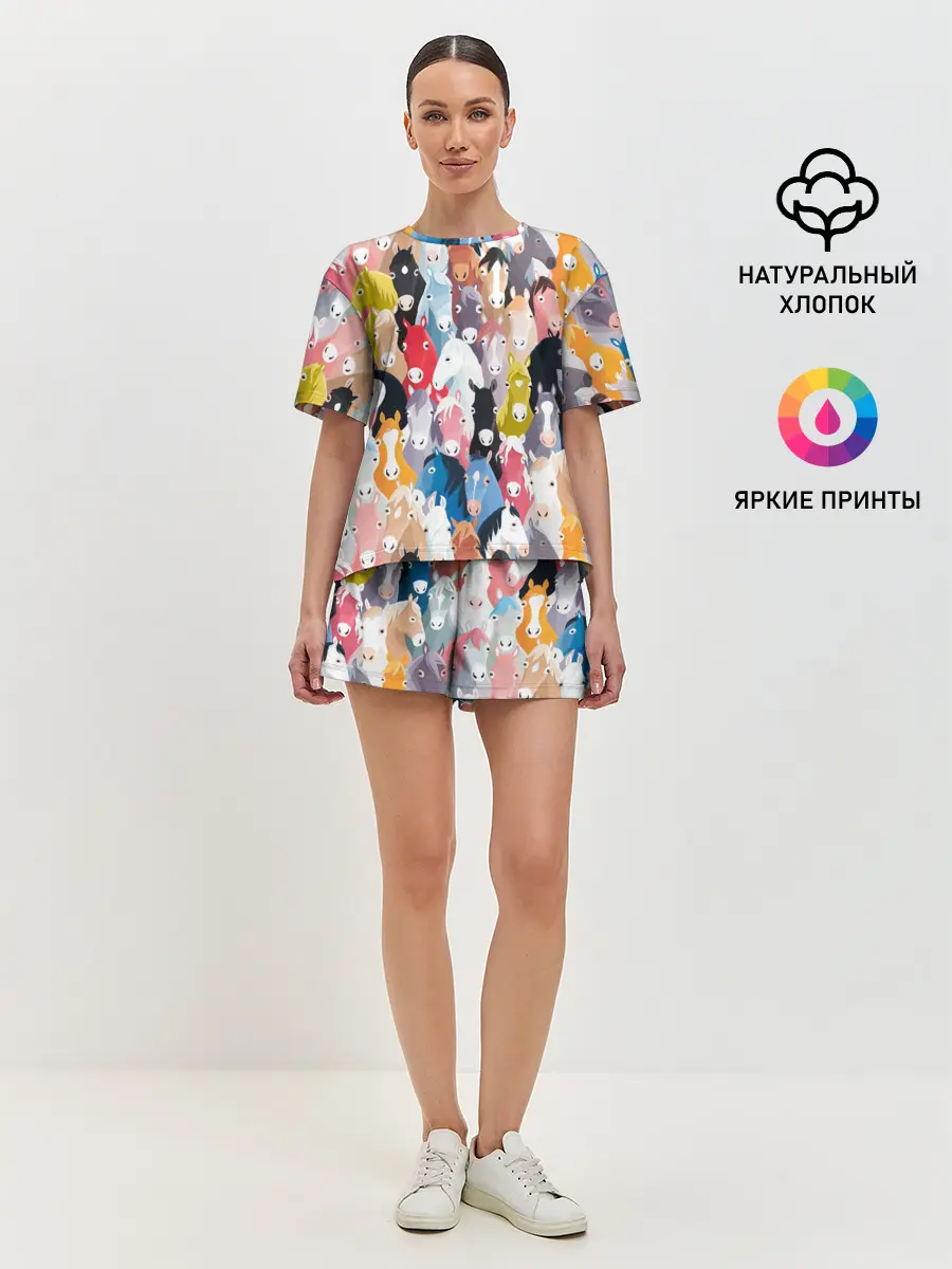 Женская пижама с шортами / цветные лошади