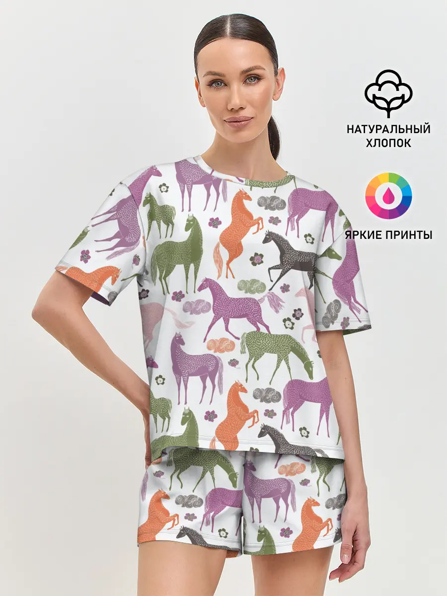 Женская пижама с шортами / лошадки
