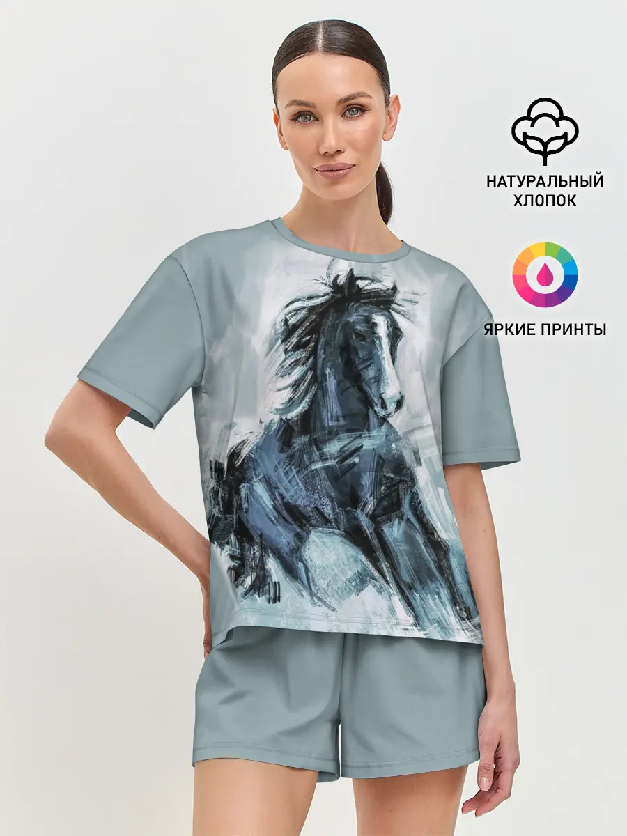 Женская пижама с шортами / нарисованный конь