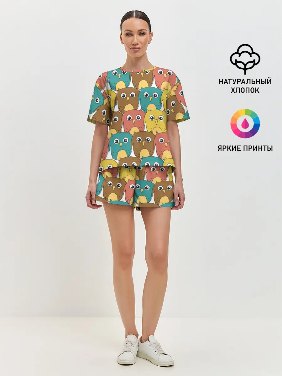 Женская пижама с шортами / Разноцветные совы