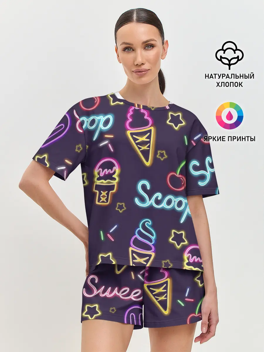 Женская пижама с шортами / Мороженное неон