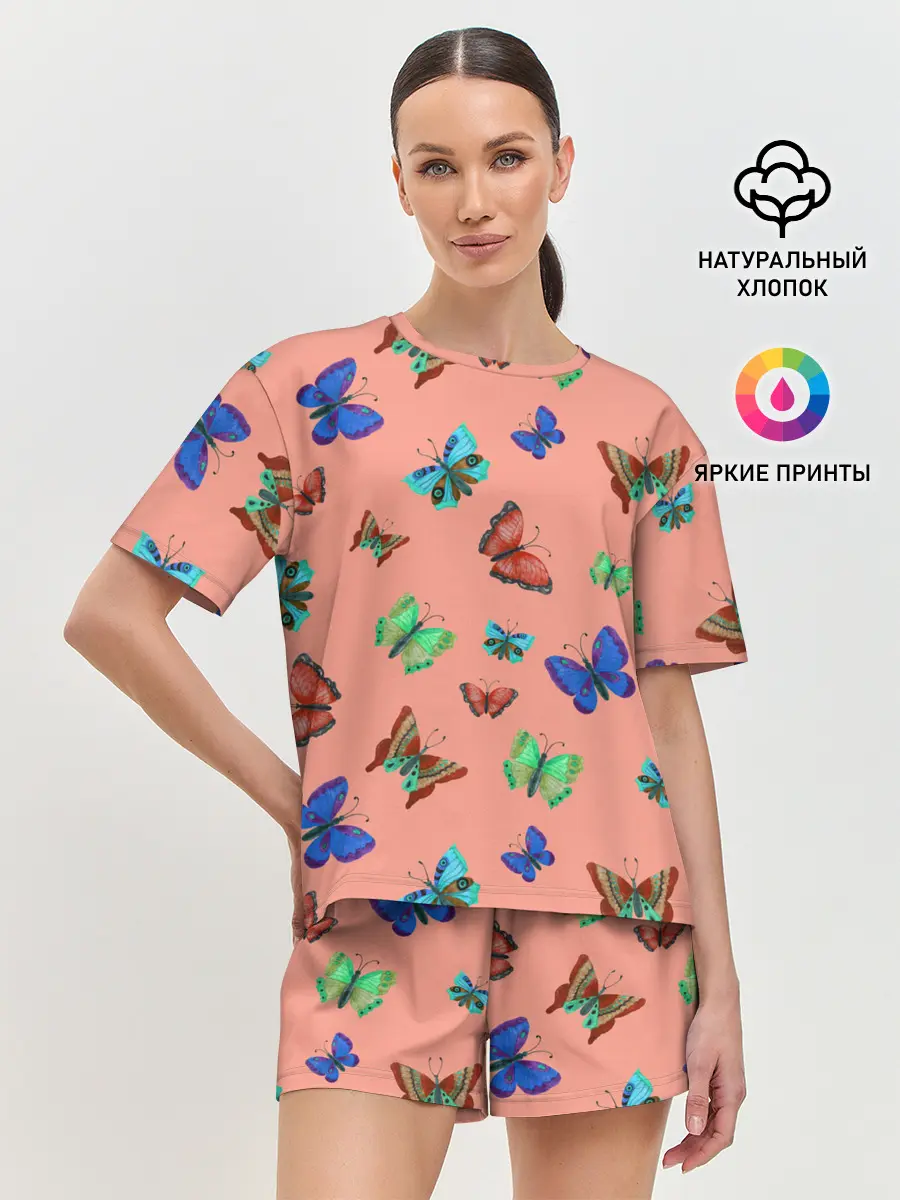 Женская пижама с шортами / Бабочки на персиковом фоне