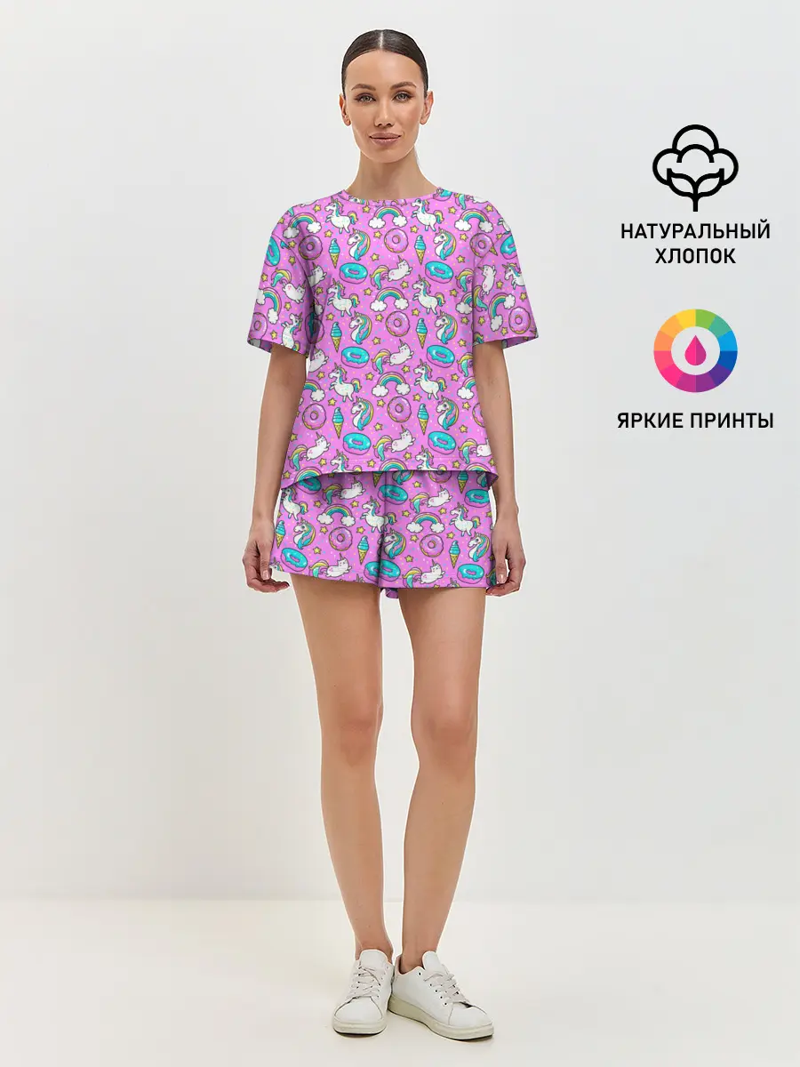 Женская пижама с шортами / Единороги и пончики