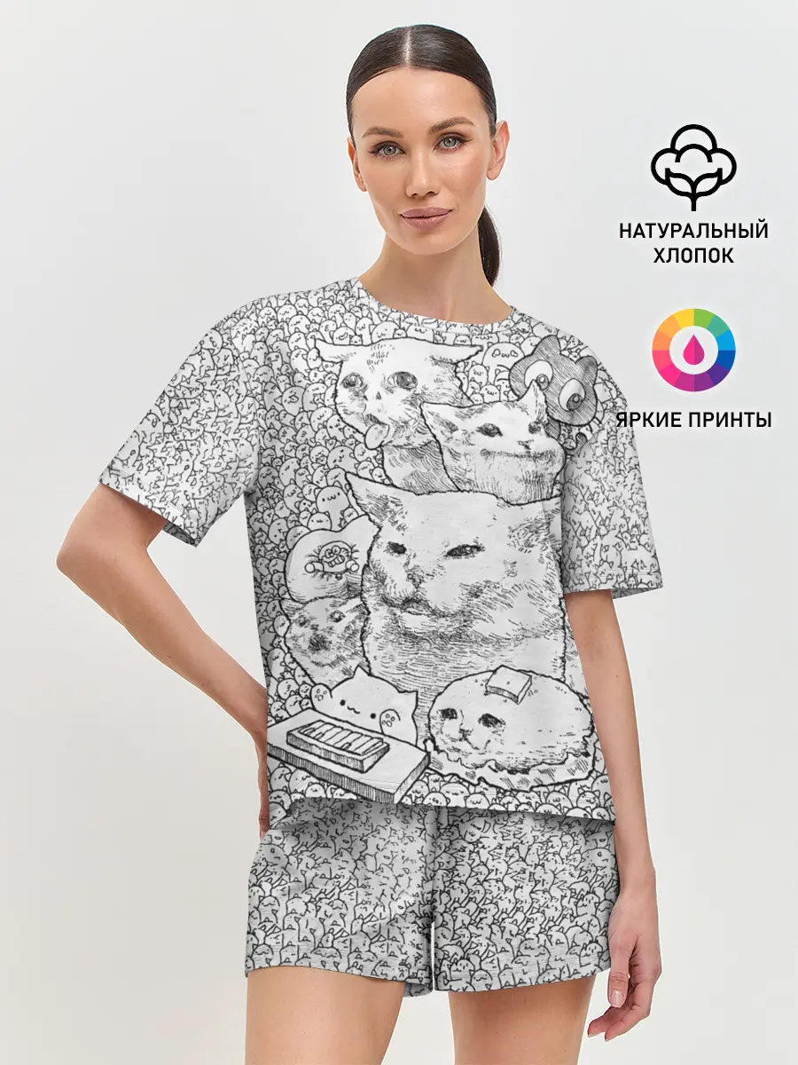 Женская пижама с шортами / Коты мемы кошки