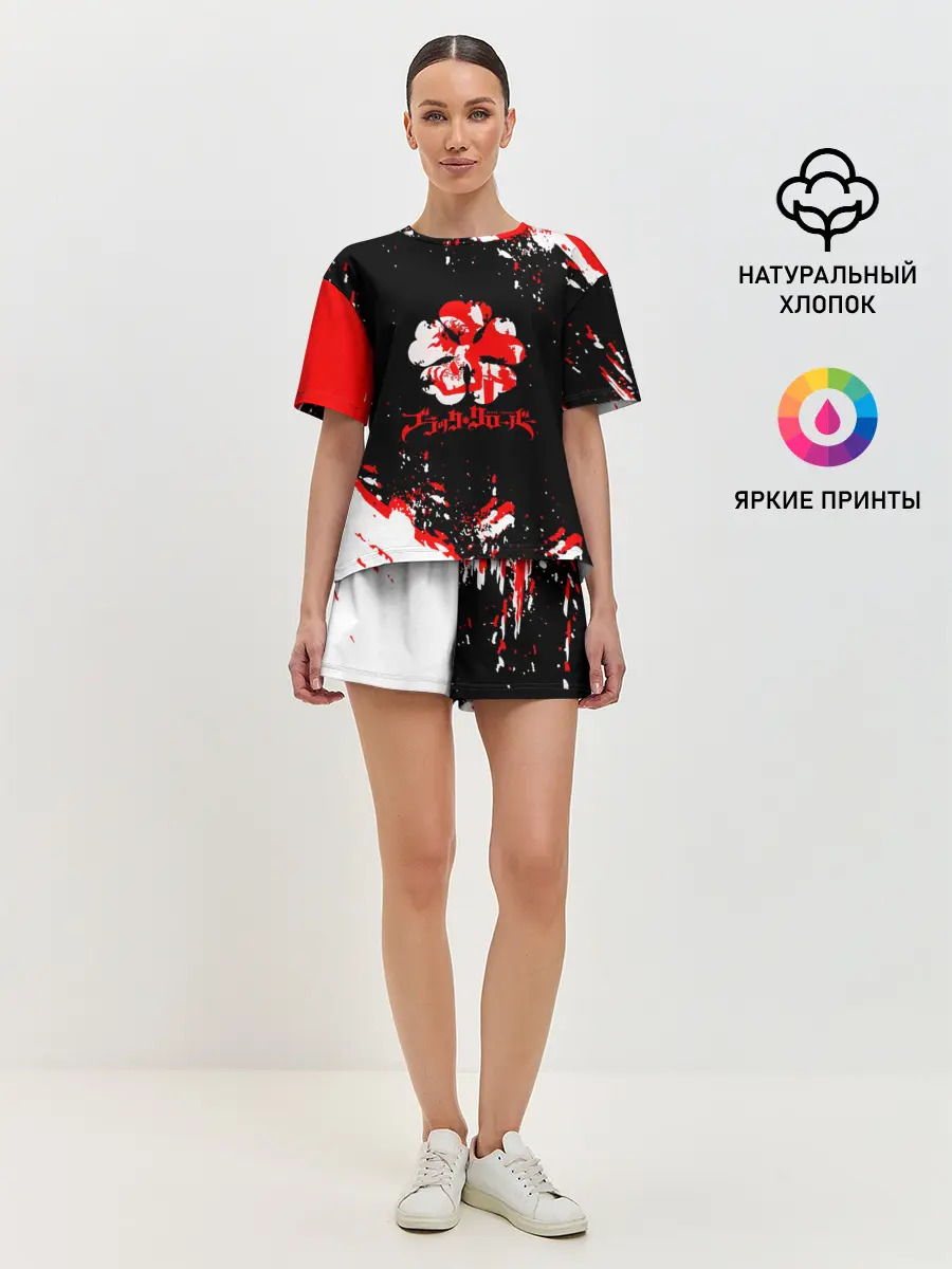 Женская пижама с шортами / Черный Клевер с ярким красным куском