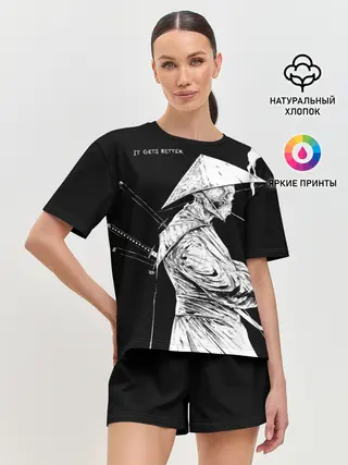 Женская пижама с шортами / Самурай скелет с трубкой