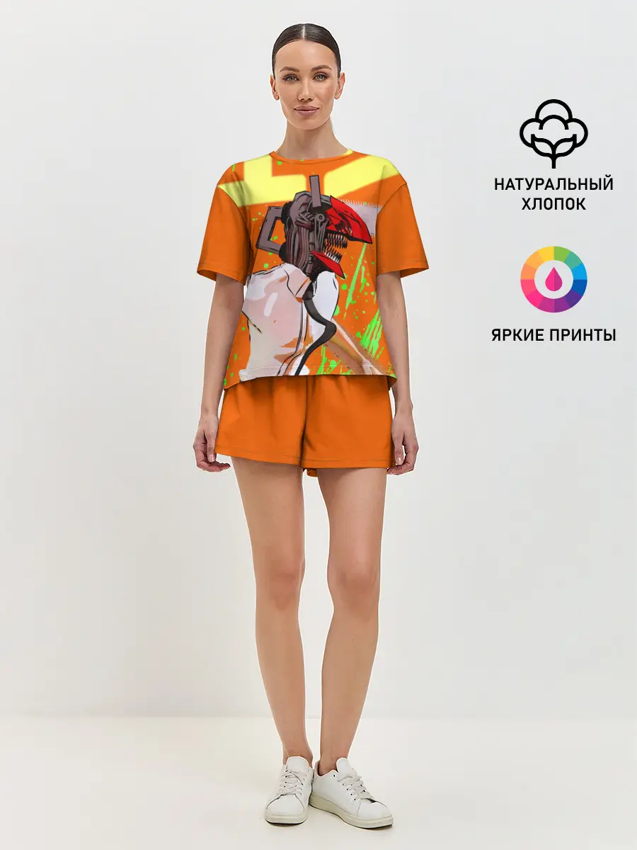 Женская пижама с шортами / Человек-Бензопила на голубом фоне