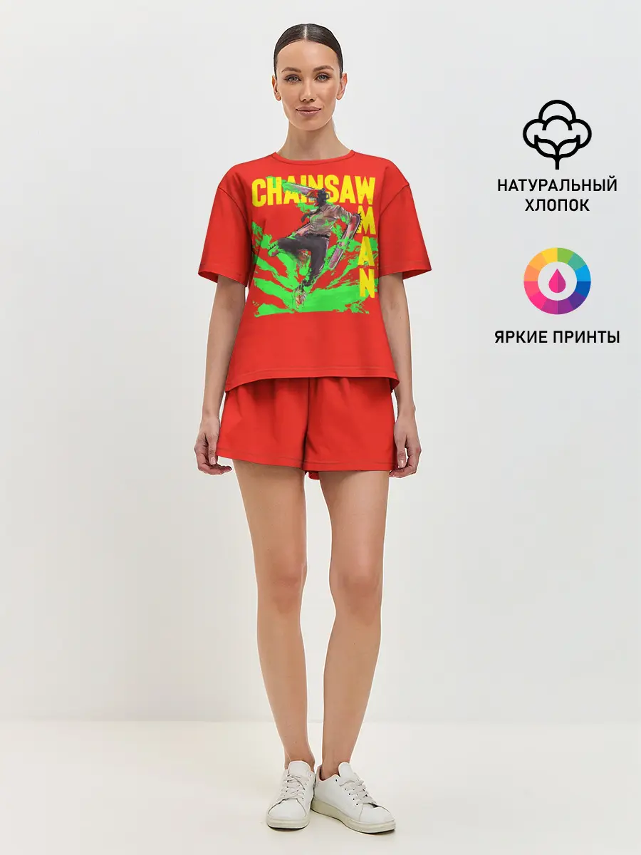 Женская пижама с шортами / Человек-Бензопила с логотипом на красном