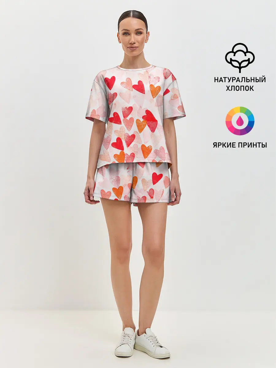 Женская пижама с шортами / Ванильные сердечки