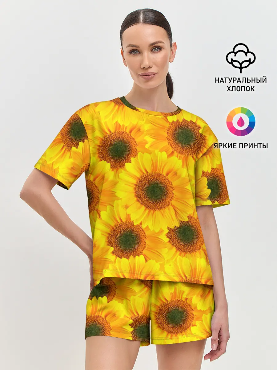 Женская пижама с шортами / Принт подсолнухи желтый