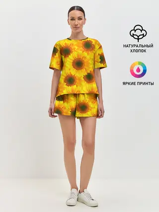 Женская пижама с шортами / Принт подсолнухи желтый