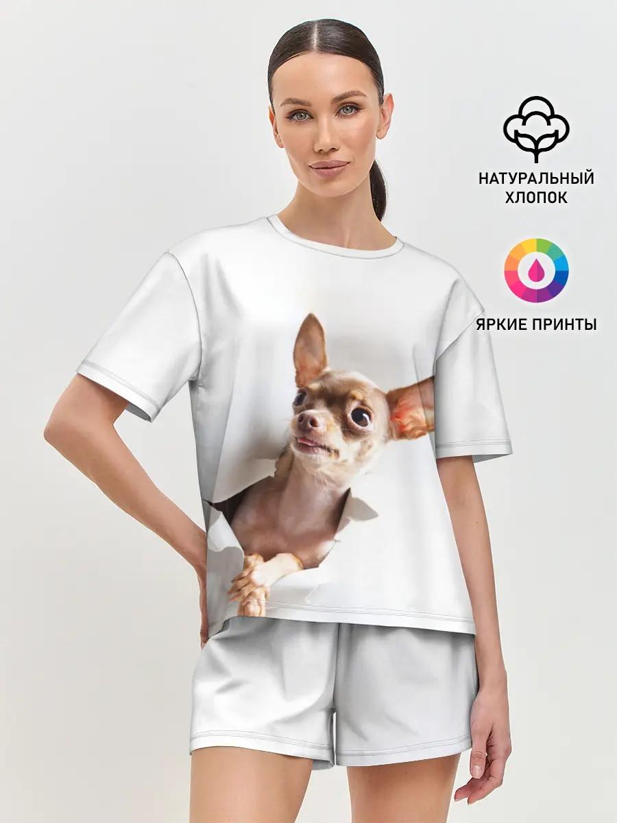 Женская пижама с шортами / Чихуахуа из бумаги вылазит