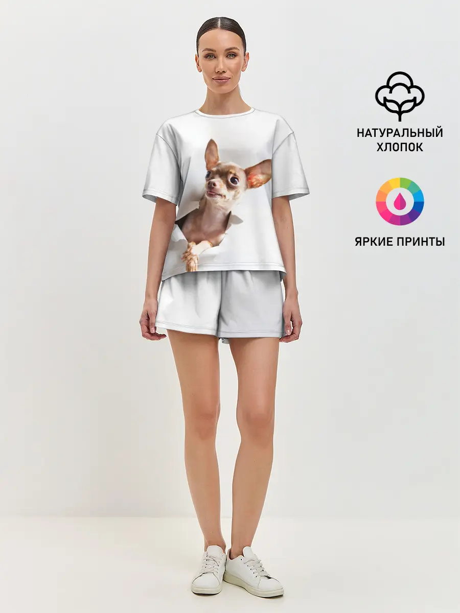 Женская пижама с шортами / Чихуахуа из бумаги вылазит
