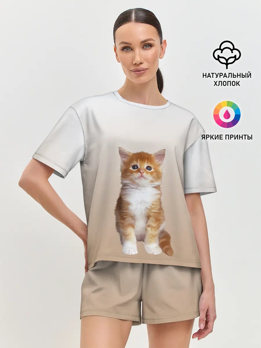 Женская пижама с шортами / бело-рыжий котенок реализм