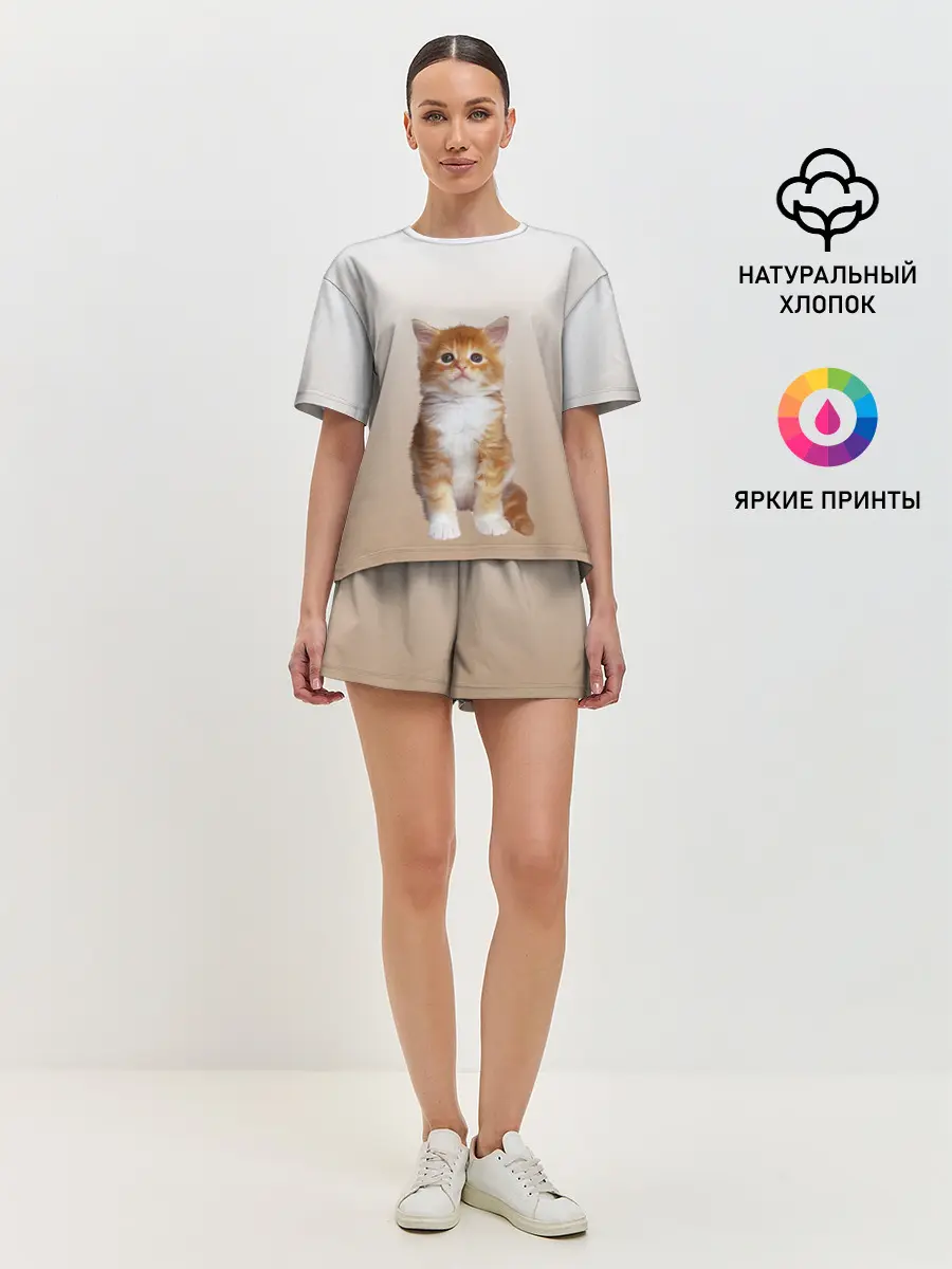 Женская пижама с шортами / бело-рыжий котенок реализм