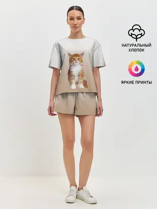 Женская пижама с шортами / бело-рыжий котенок реализм