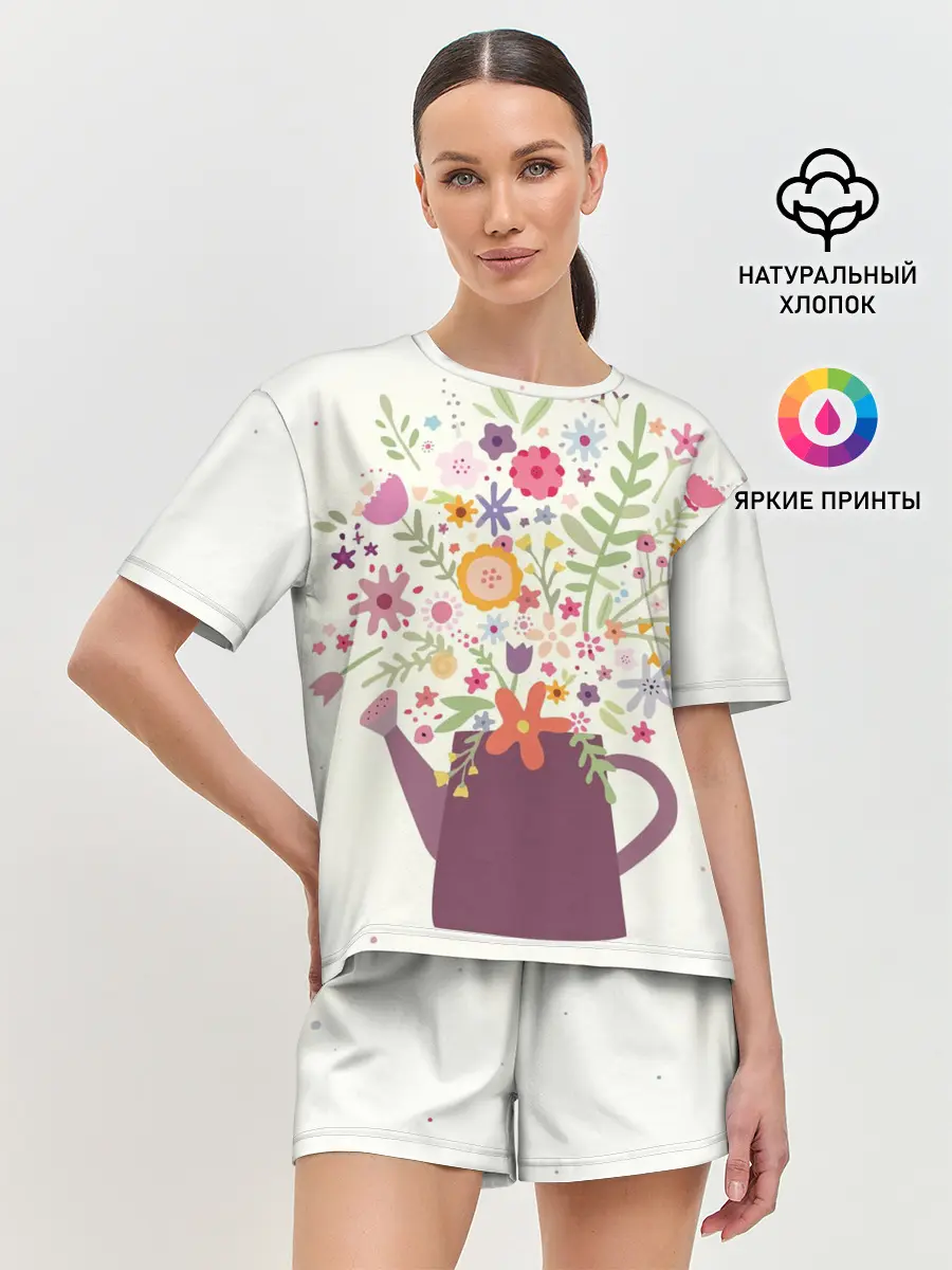 Женская пижама с шортами / Цветы в чайнике