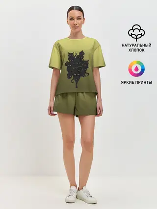 Женская пижама с шортами / много черных котов