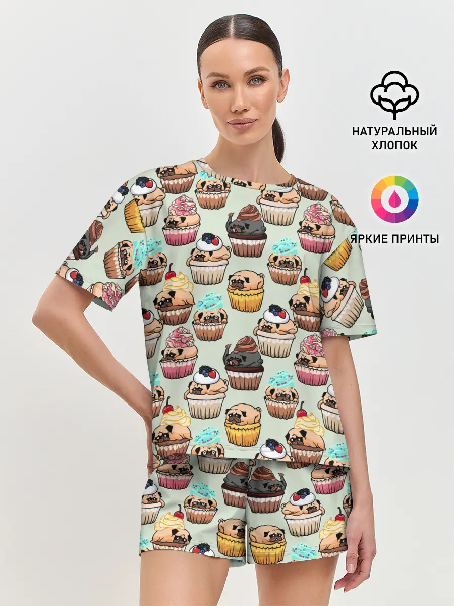 Женская пижама с шортами / Мопсы - Кексики