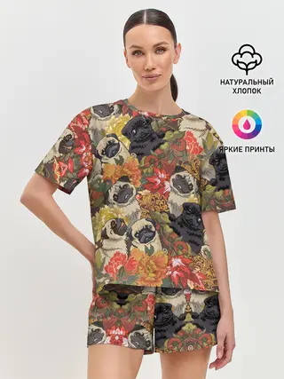 Женская пижама с шортами / Мопсики | Цветочки