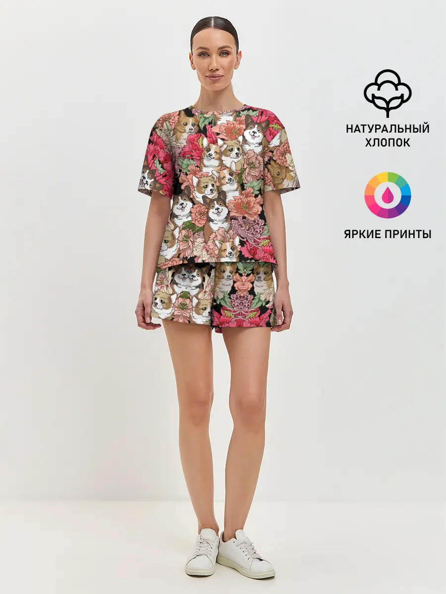 Женская пижама с шортами / Корги & Цветы