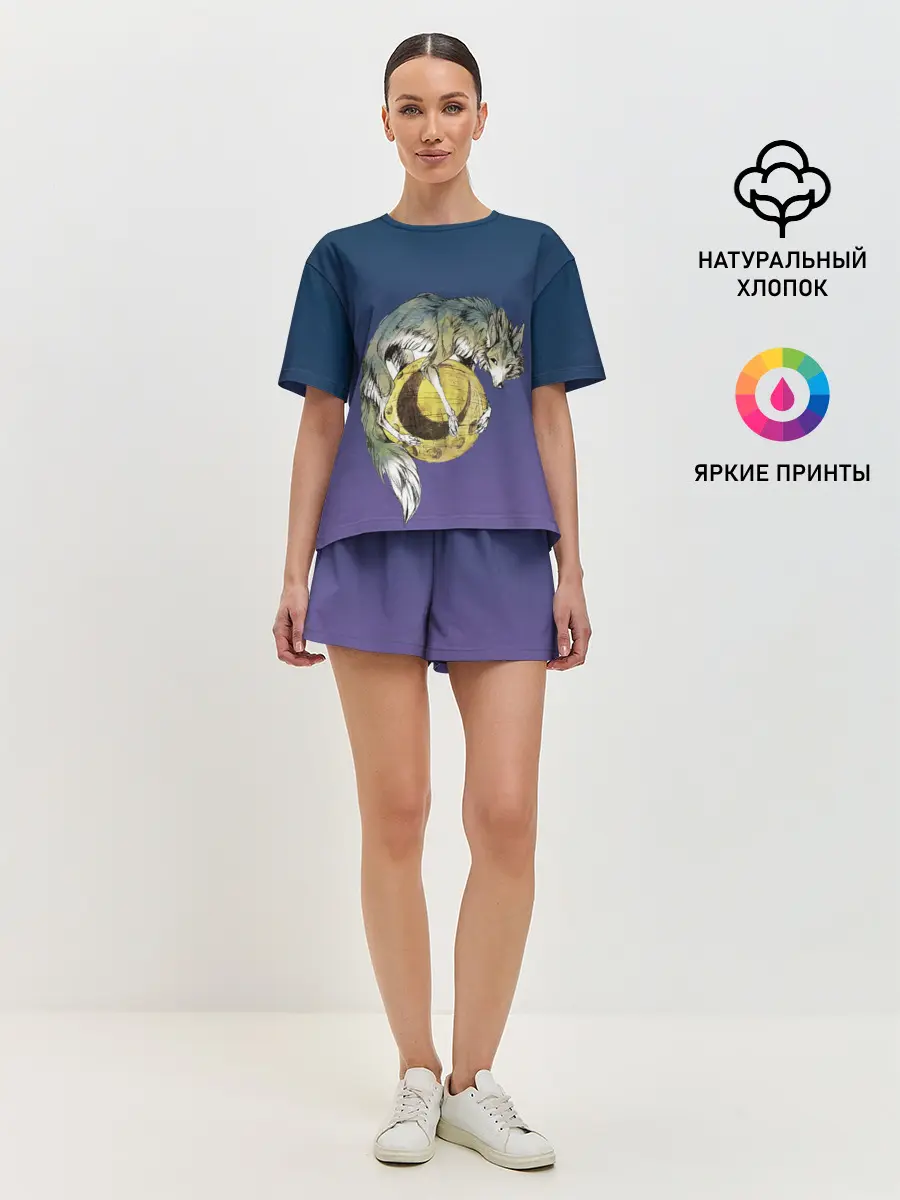 Женская пижама с шортами / волченок на луне рисунок