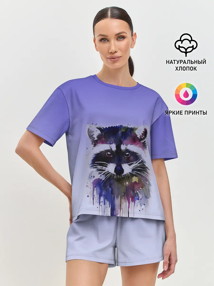 Женская пижама с шортами / енот акварелью потеки