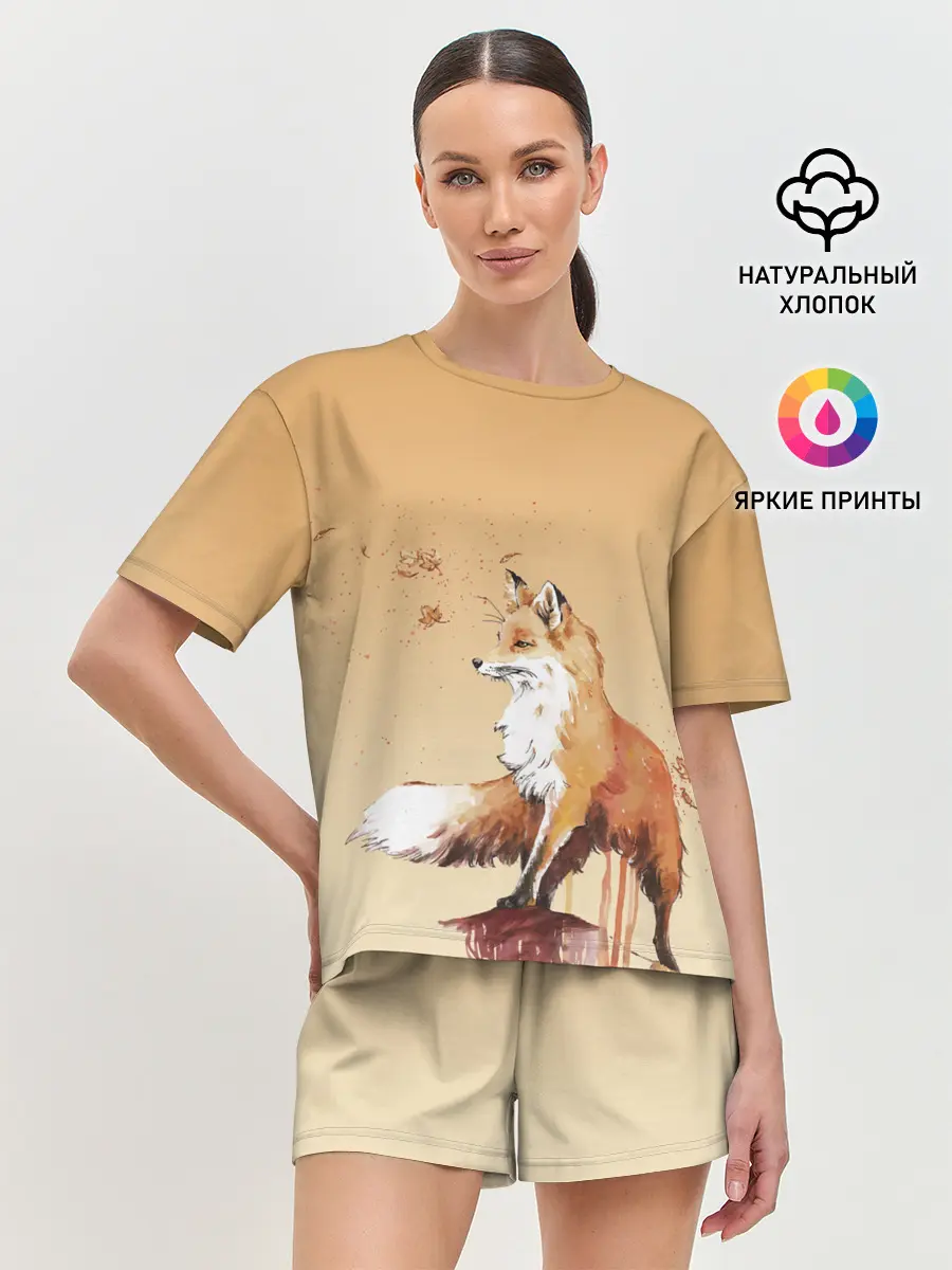Женская пижама с шортами / акварельная лиса задумчивости