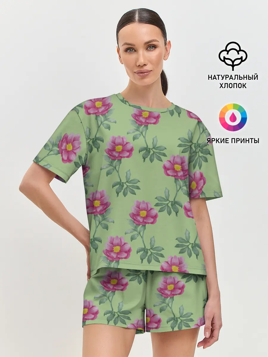 Женская пижама с шортами / Пионы на светло зеленом фоне